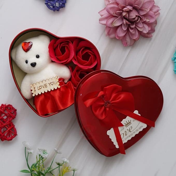 eCraftIndia Heart Shaped Valentines Day Gift Box with I Love You Message Teddy Bear 3 Red Roses Valentine Gift for Girlfriend Boyfriend Husband Wife Valentines Day Gift Valentine Day Decorati