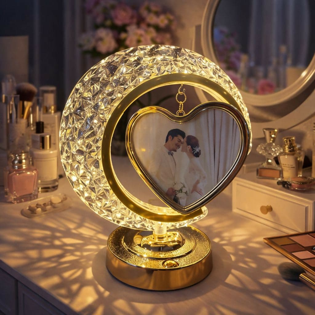 Led crystal heart photo frame lamp with decorative base | table night light